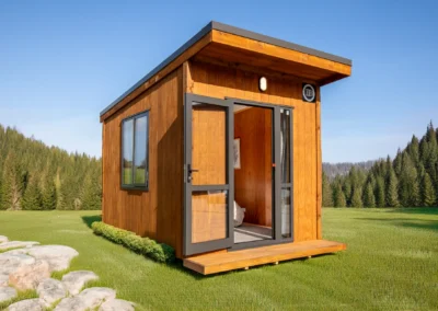 Exterior of an OutaSpace cabin with mono-pitch roof, timber deck and glass door open to the bedroom